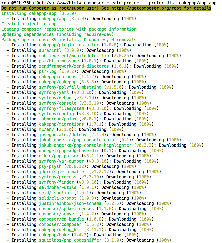 Instalacion de cakephp via composer desde el contenedor